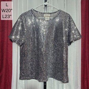 Vintage Kathie Lee Collection Silver Sequin Top Large Metallic Disco Party Spark